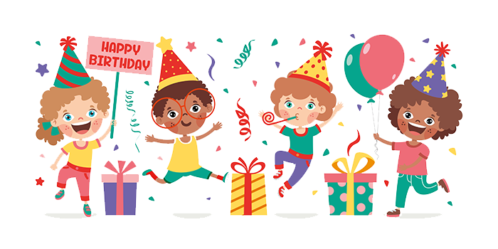 Illustrated children celebrating a birthday party with confetti, balloons, and a gift.
